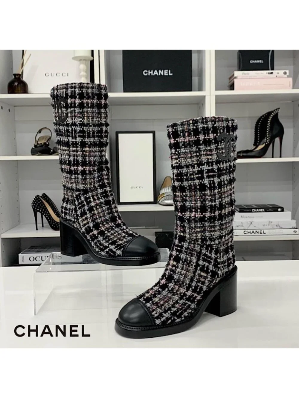 Chanel CC Logo Tweed Long Boots Black Multicolor